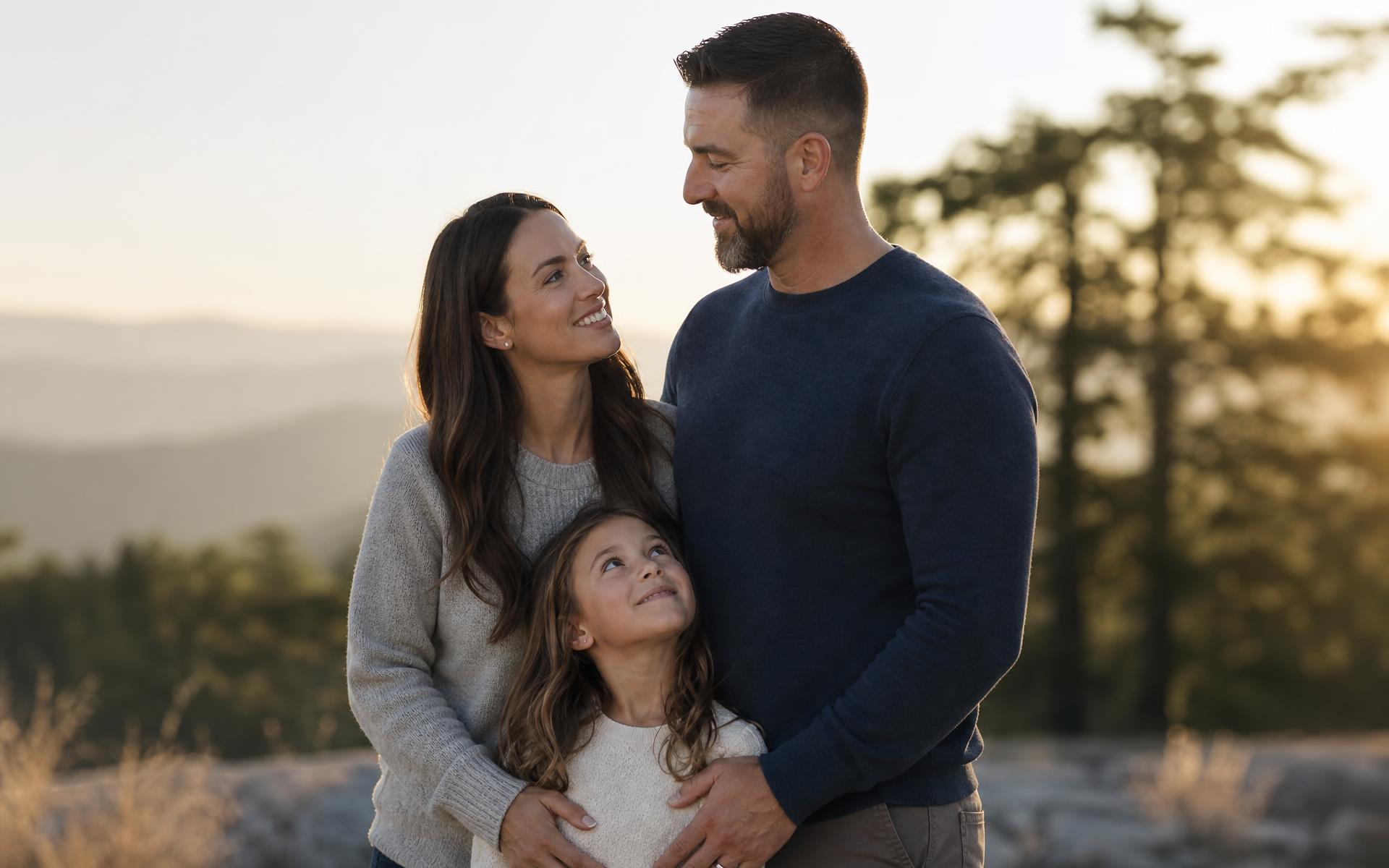 A veteran standing outdoors with their family at sunset